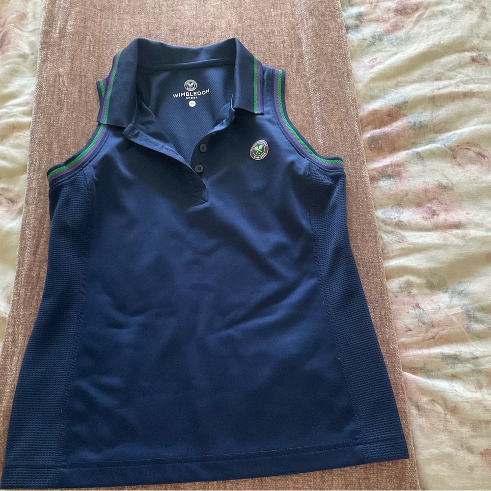Wimbledon Navy Polo Tank with Green and Purple Stripe Trim